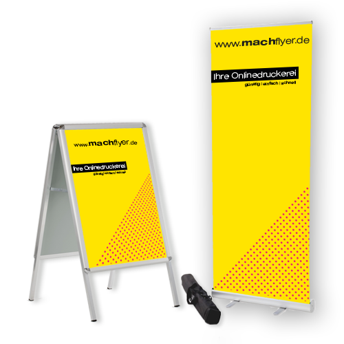 Kundenstopper und Roll up Banner günstig in vielen verschiedenen Größen kaufen und kostenlos bestellen bei der Online Druckerei machflyer aus Mainz.